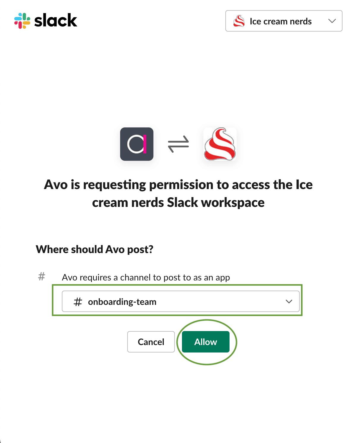 Slack workspace and channel selection modal with Allow button